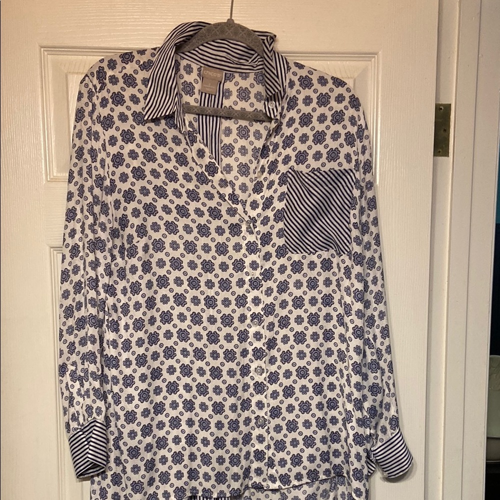 Chico's Blue and White Long Sleeve Button Down Blouse